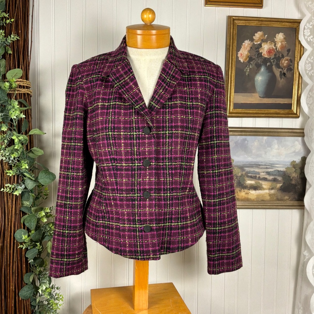 J Stevens Petites Blazer Women 8 Pink Plaid Tweed Excellent Vintage 80s 90s